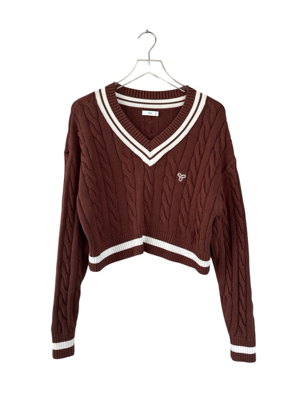 Tna Aritza Cable Knit Varsity Sweater Brown Cream V-Neck Cropped Size Medium